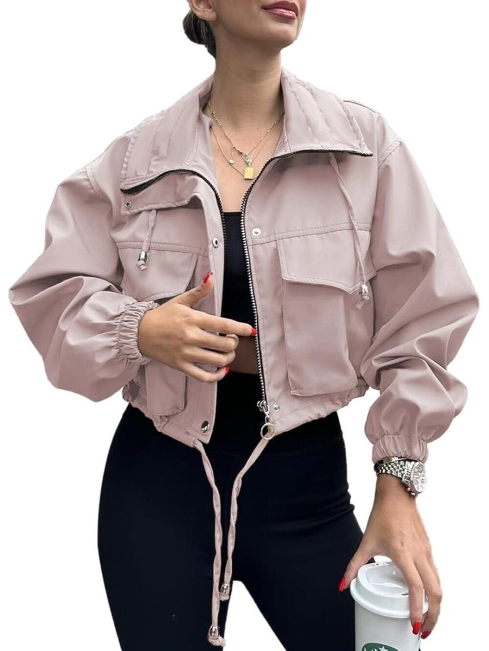 Women's Pink Cropped Jacket Zip Up Lightweight Trendy Oversized With Pocket